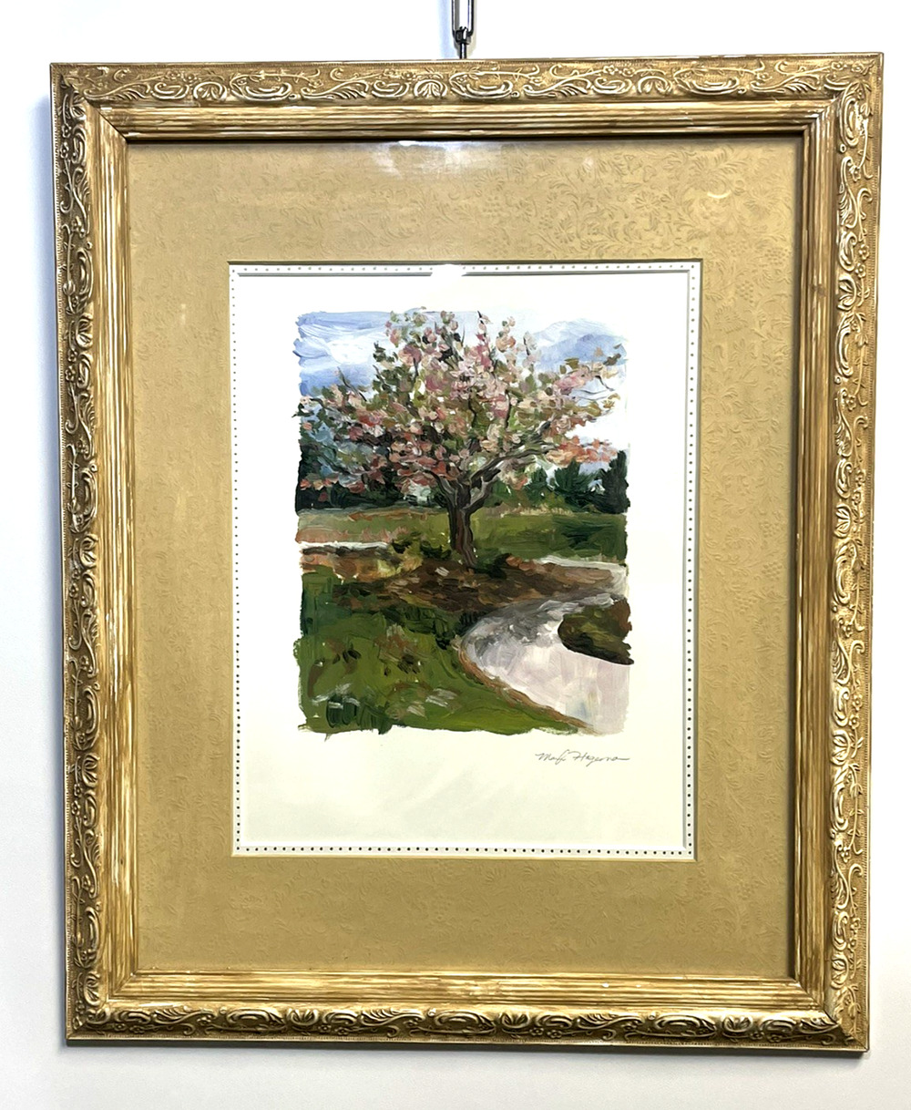 Marilyn Hagema Signed Cherry Blossom Landscape Art Print Framed 19x23